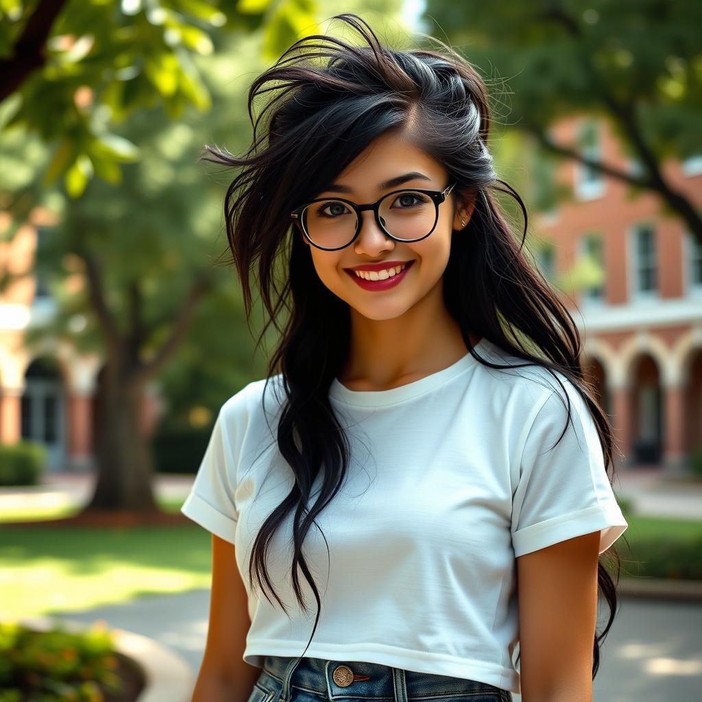 Hyperreal Woman with Tousled Hair in College Courtyard