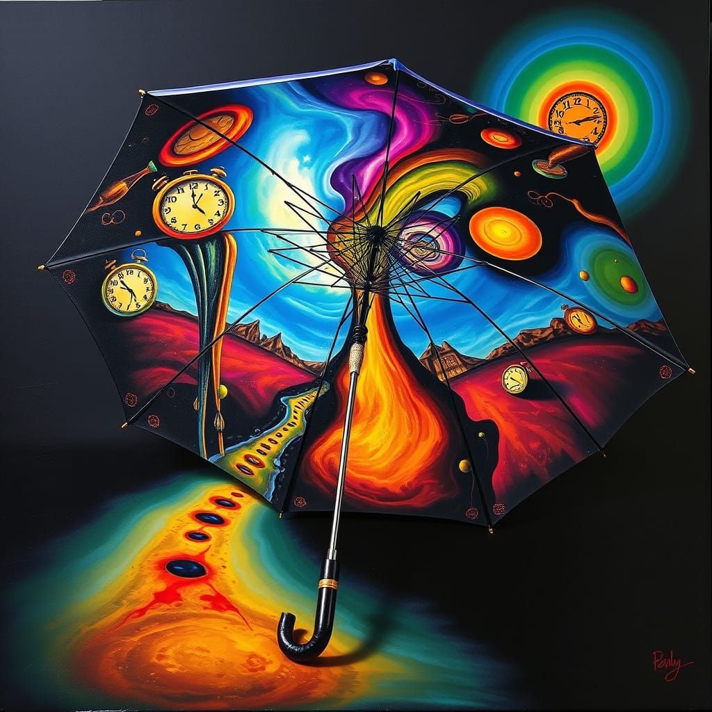 Surrealist Umbrella with Melting Clocks and Dreamlike Landsc...