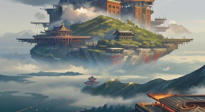 Steampunk City Over Chinese Landscape in Ink Splatter Art