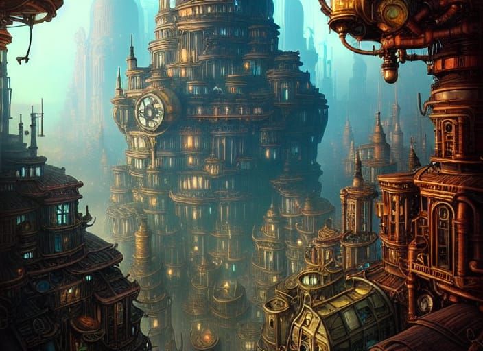 Steampunk City in Heaven: Detailed Fantasy Art
