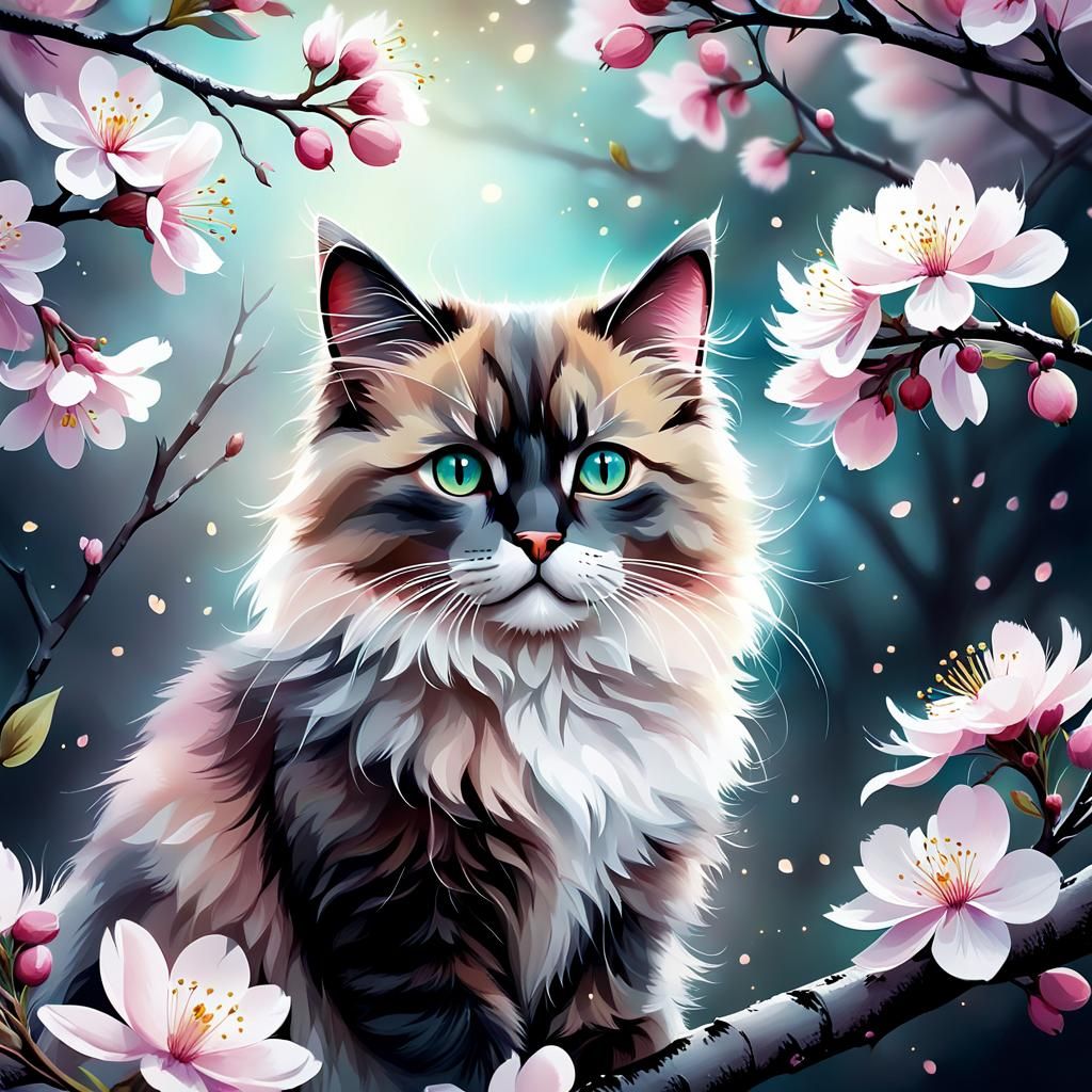 Lofty Whimsy: Pastel Cat Amidst Enchanted Blooms