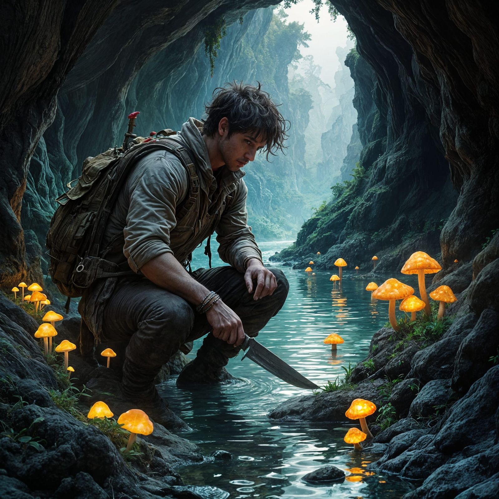Alchemist Gathering Glowing Mushrooms in Fantasy Cave