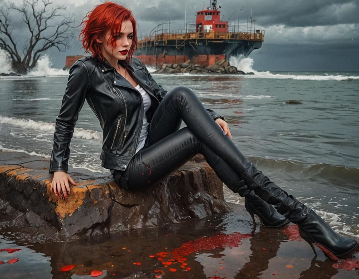 Glamorous Woman in Wet Leather by the Sea