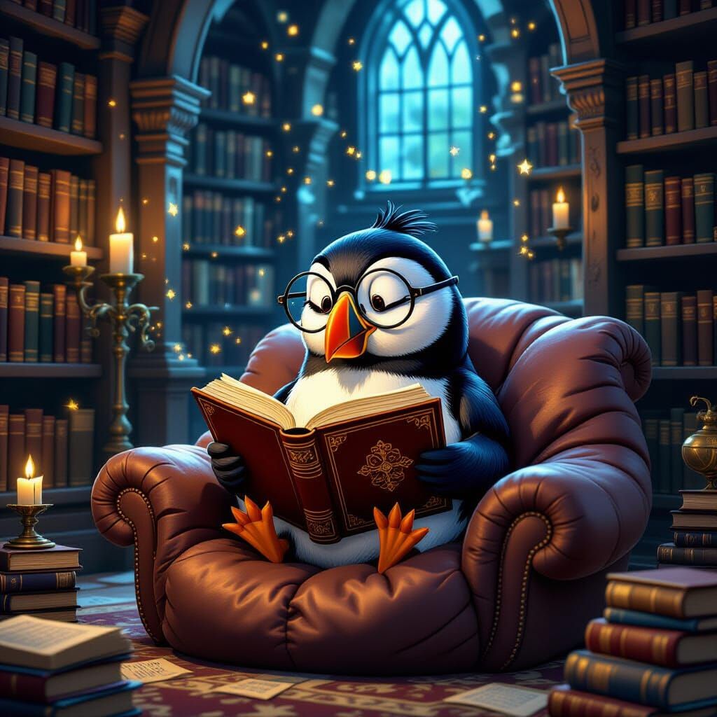 Puffin Reading in Mystical Library on Bean Bag