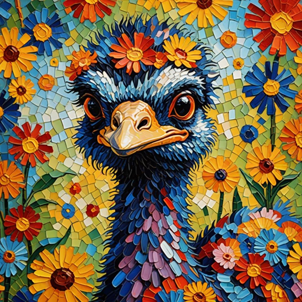 Vibrant Patchwork Ostrich in Expressive Oil Painting