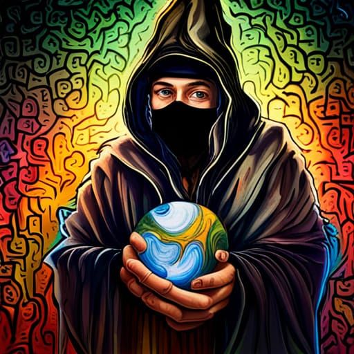 Young Wizard with Orb in Graffiti Art Style