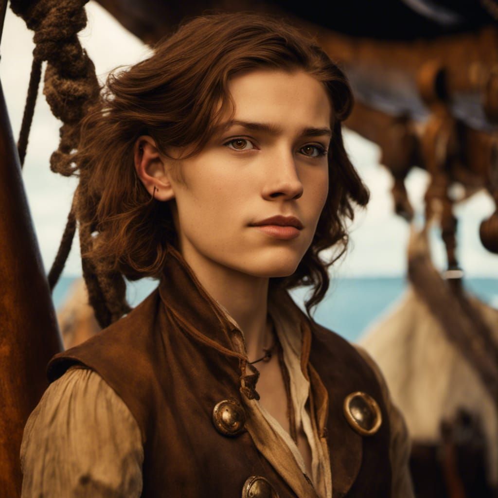 Realistic Androgynous Jim Hawkins Portrait on Pirate Ship