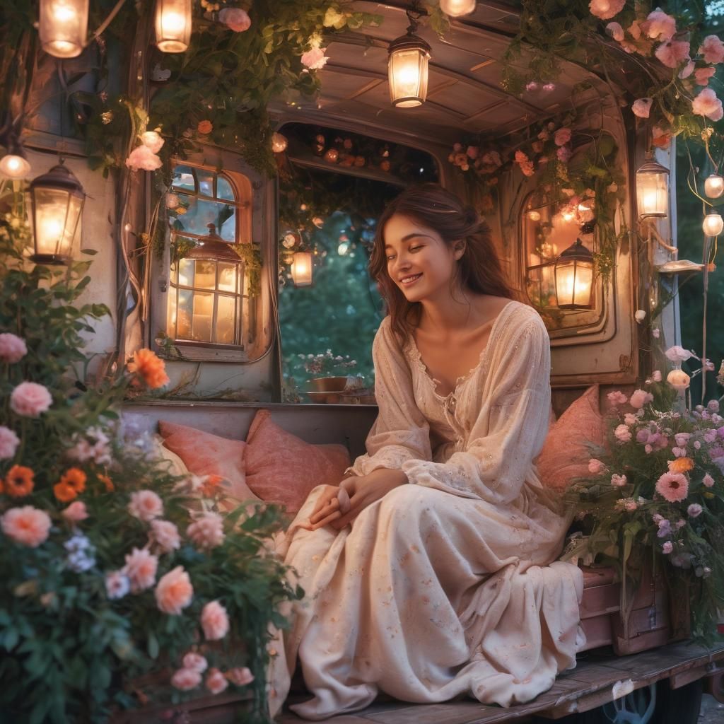 Woman in Trailer Surrounded by Lush Garden