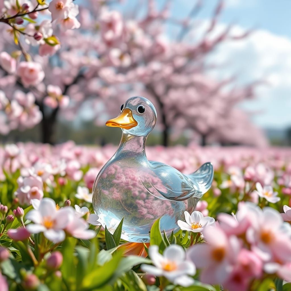 Glass Duck in Blossoming Cherry Tree Field
