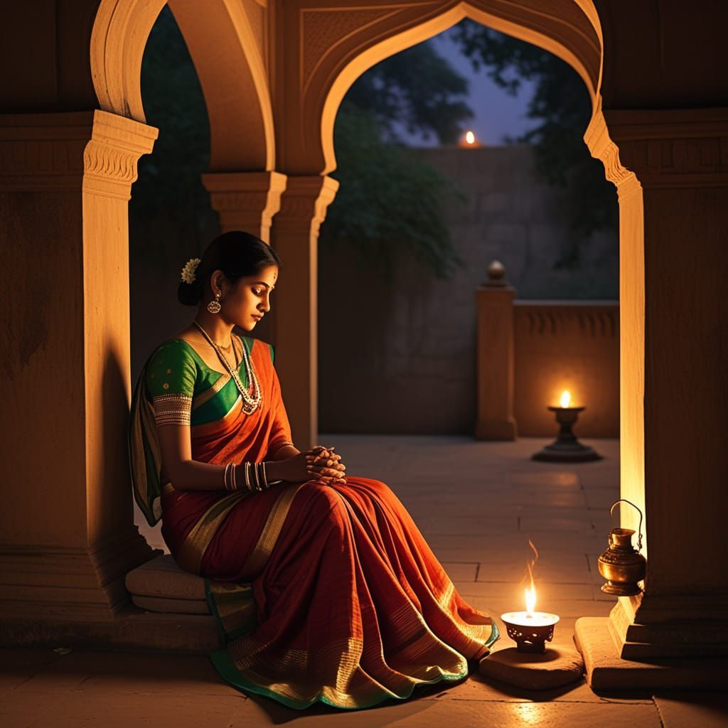 Romantic Indian Courtyard Lit by Oil Lamps