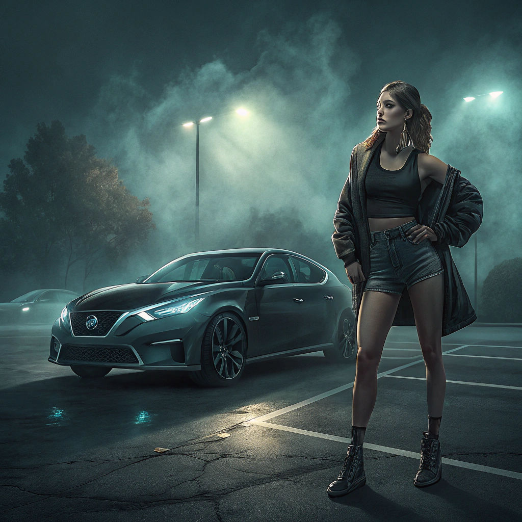 Mystical Parking Lot Scene in a Sci-Fi Style