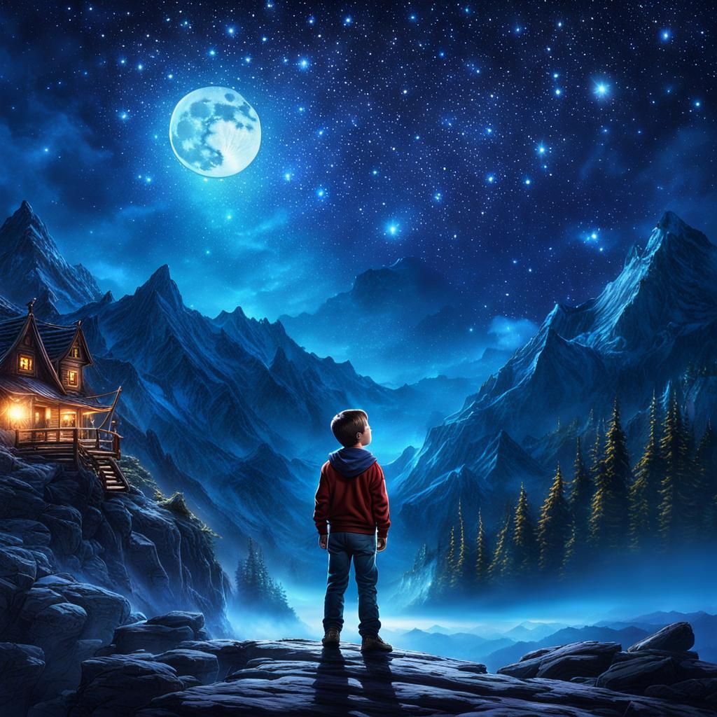 Boy Gazing at Stars in Detailed Matte Painting