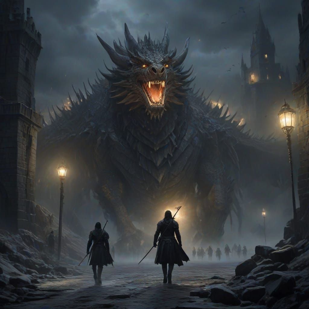 A Dramatic Scene of Knights and Dragons in a Medieval Castle