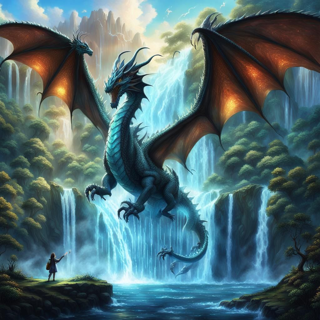 Dragon Merged with Enchanted Waterfall in Bioluminescent For...