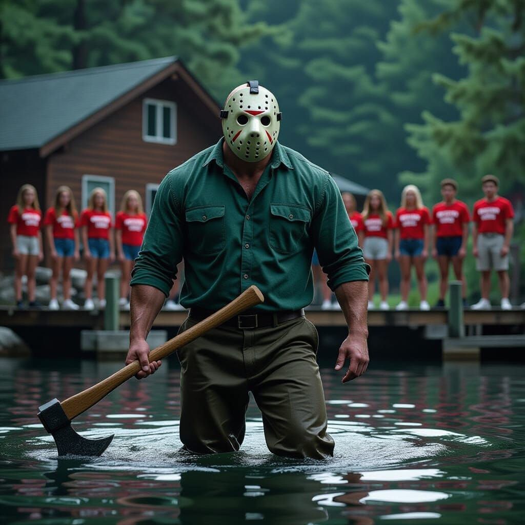 Horror Scene: Axe-Wielding Man Approaches Crystal Lake Cabin...