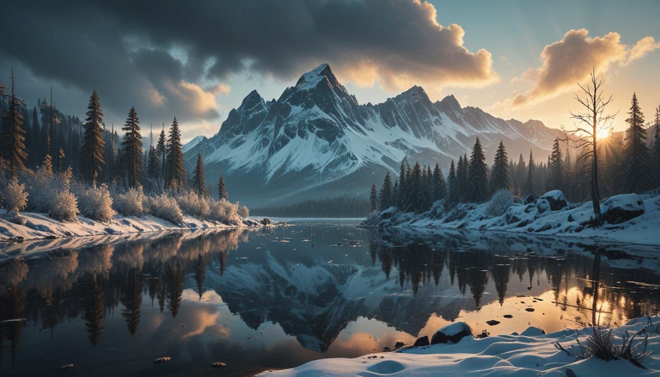 Winter Wonderland Landscape with Majestic Mountains and Froz...