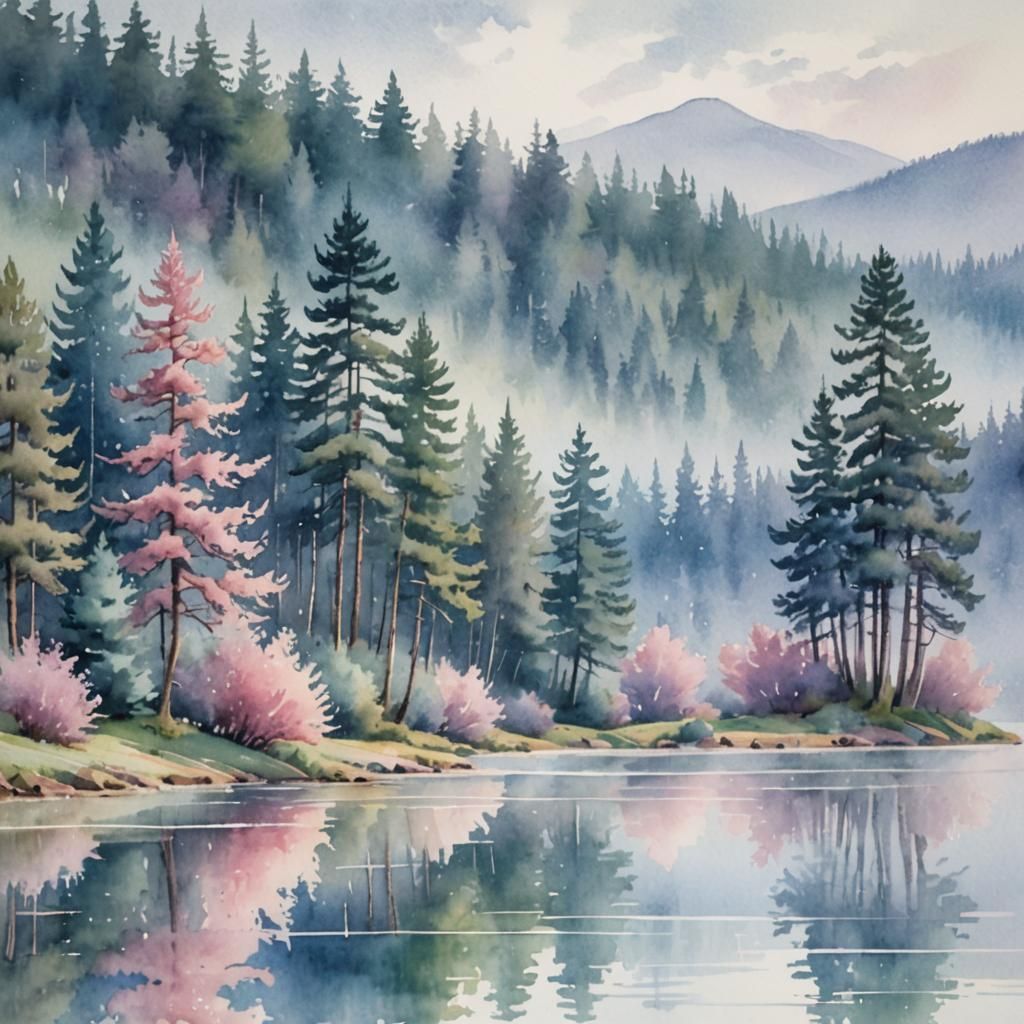Pastel Pine Trees by Serene Lake: Watercolour Landscape