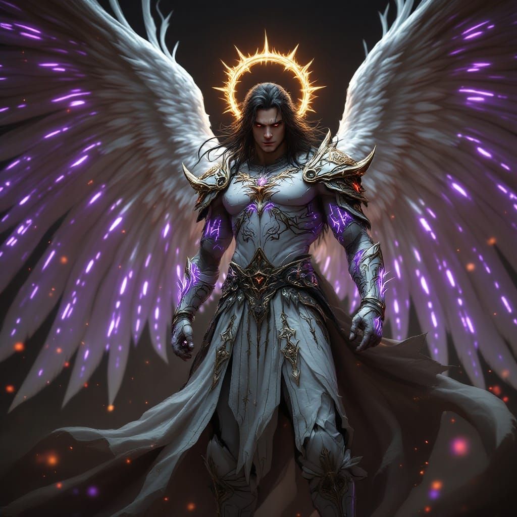 Goth Angelic Warrior in Intricate White Armor, Majestic Wing...