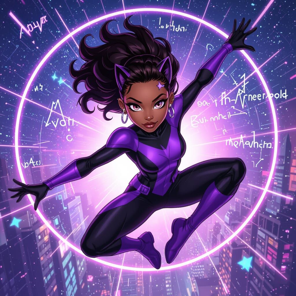 Futuristic Black Female Superhero in Cosmic Cityscape
