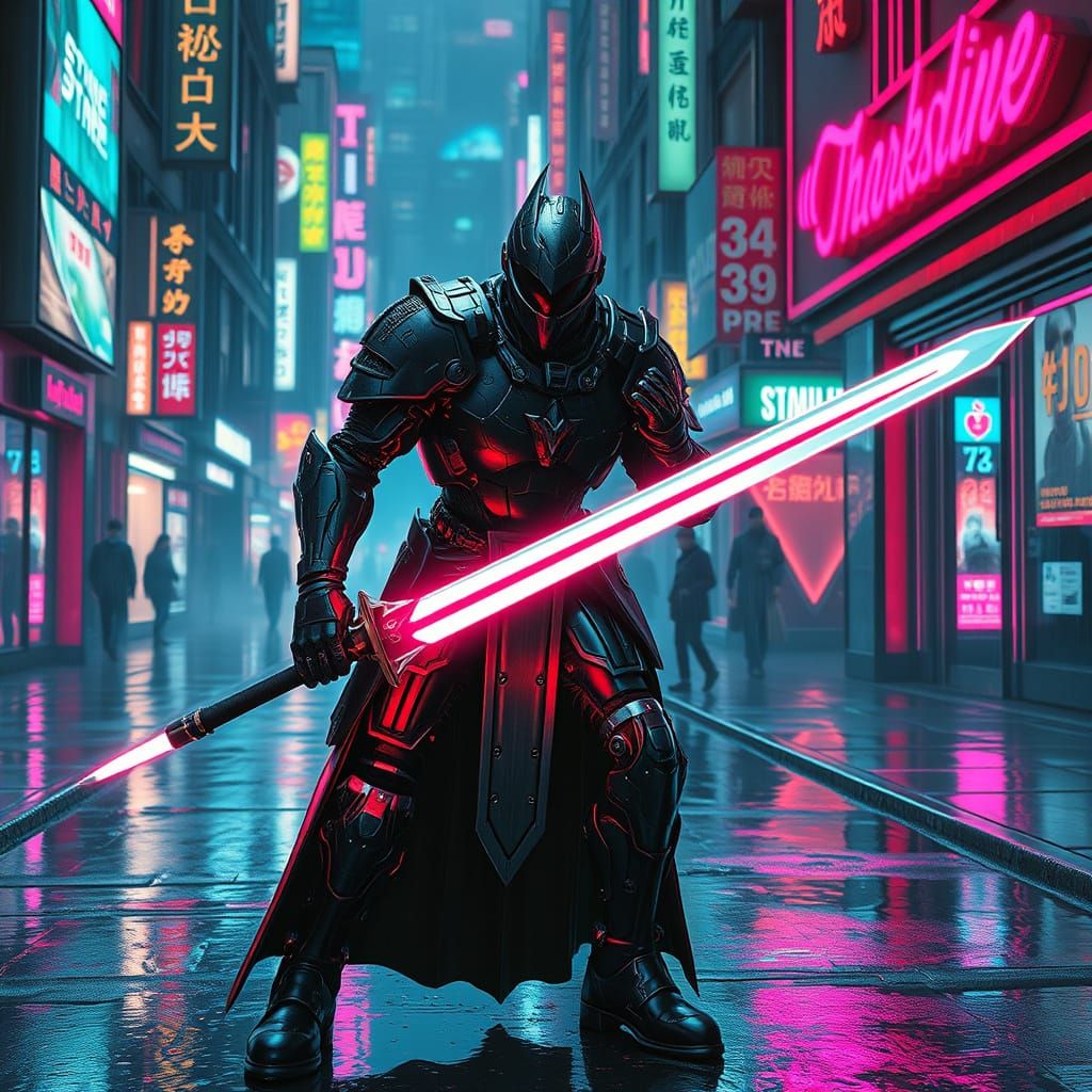Cybernetic Knight with Plasma Sword in Neon City