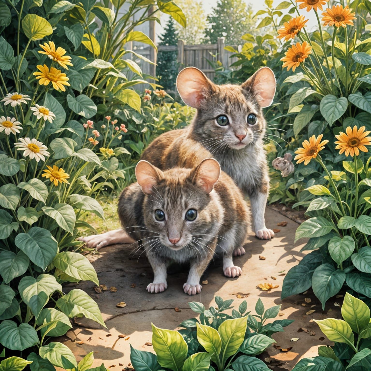 Mouse and Cat Encounter in a Flower Garden