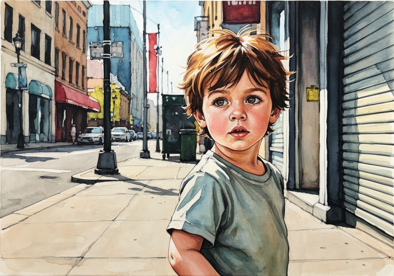 Boy Walks City Streets in Alcohol Ink Style