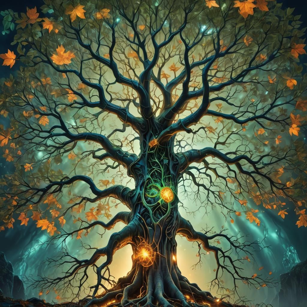 Mystical Tree with Glowing Roots, Fantasy Concept Art