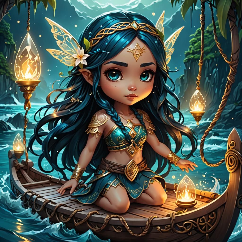 Chibi Runic Fairy on Raft in Open Ocean