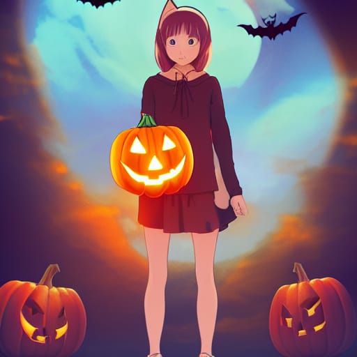 Girl in Cat Costume with Jack-o-Lantern in Anime Style