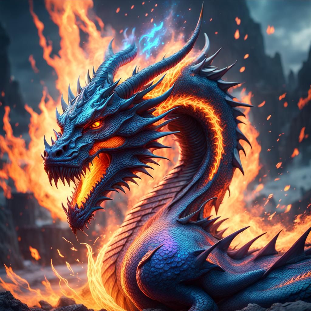Holographic Dragon Unleashing Fire in Detailed Digital Art