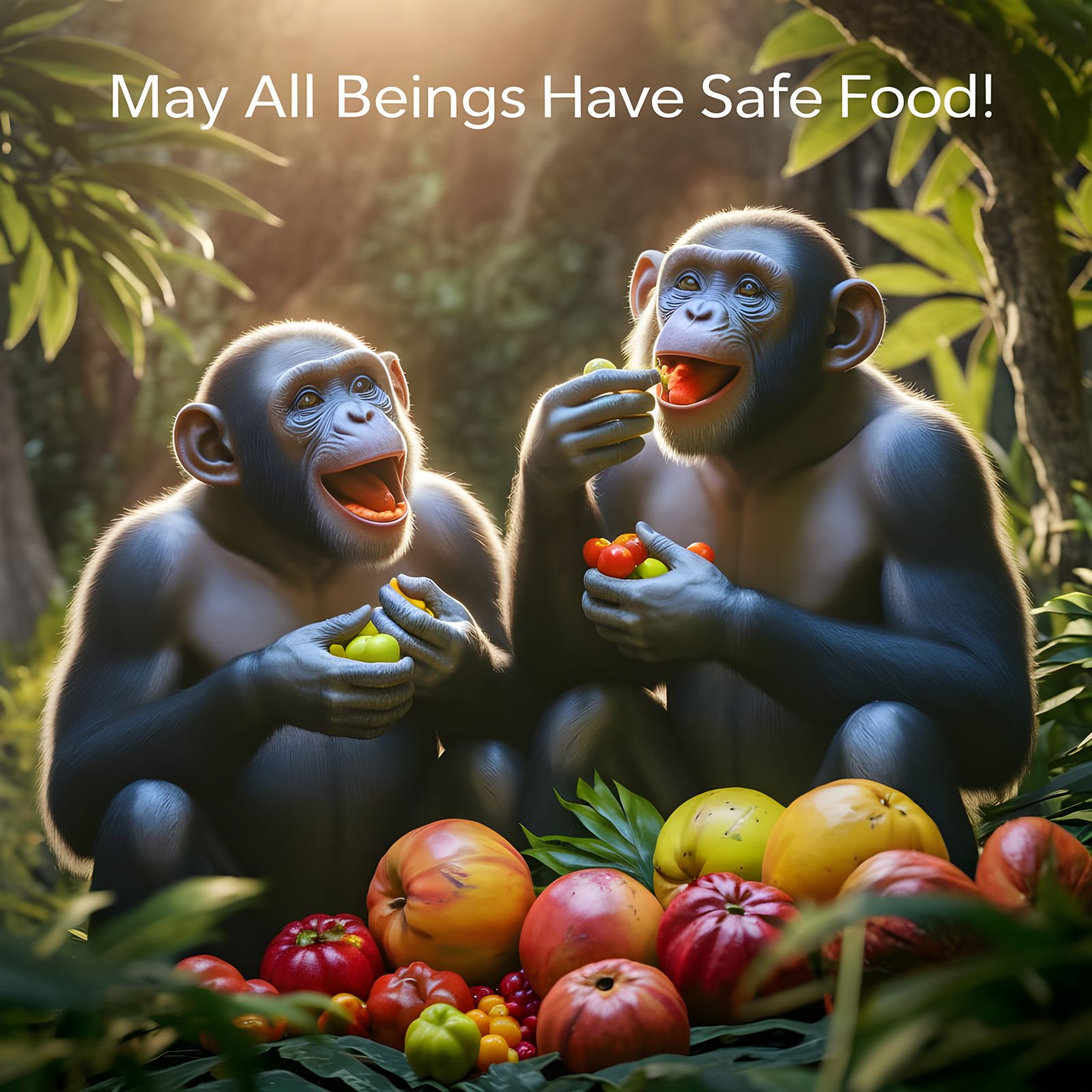 Caption reads, May all beings have Safe Food! Chimpanzees eating an array of tropical fruits.