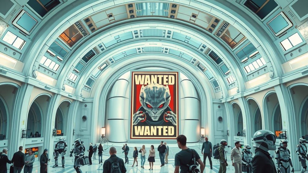 Futuristic Spaceport Travel Poster: Wanted Alien