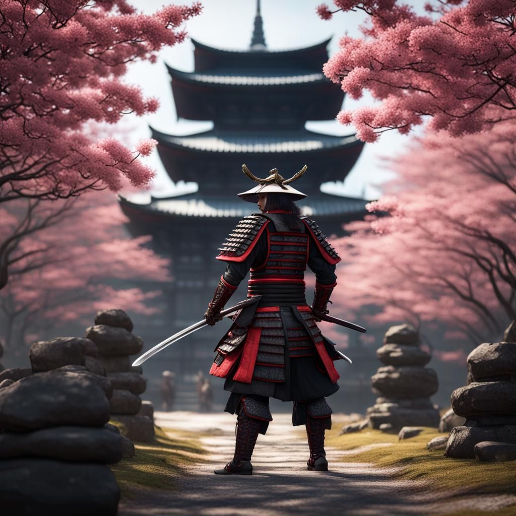 Samurai in Cherry Blossom Forest: Dark Fantasy Art