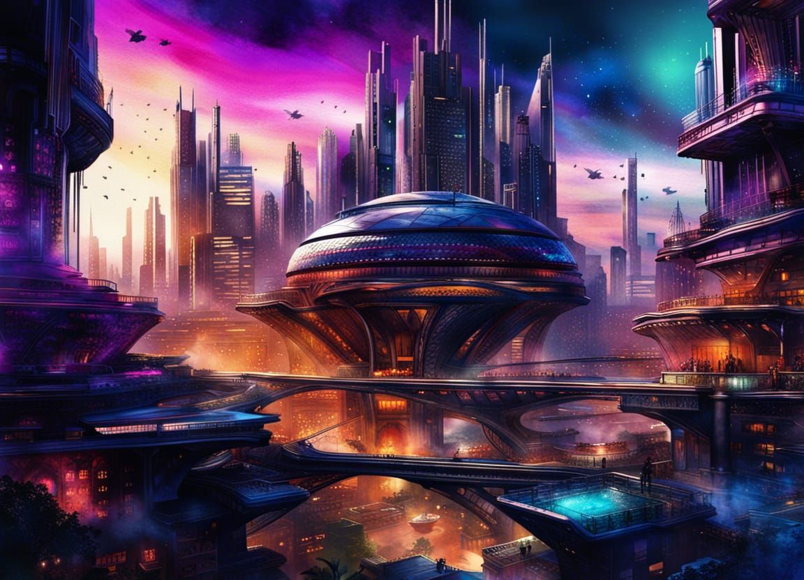 Futuristic Wakanda Cityscape in Watercolor and Ink