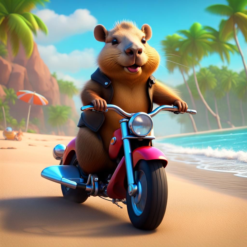Capybara on Motorcycle: Pixar-Style 3D Beach Scene