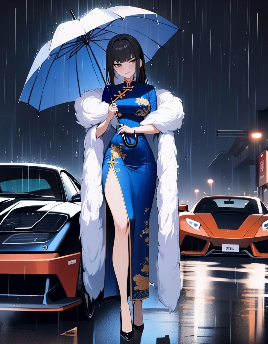 Elegant Woman in Rainy Cyberpunk Cityscape