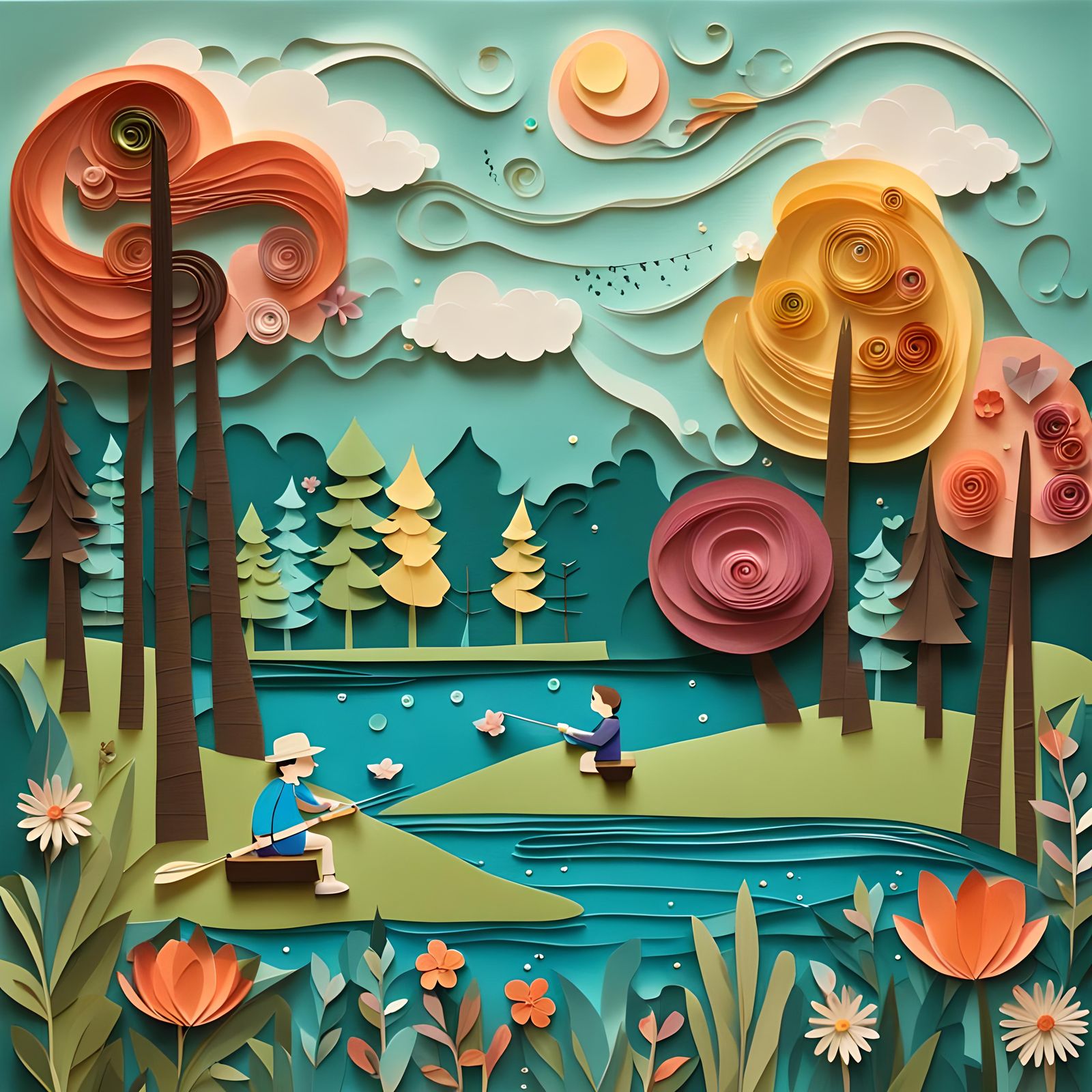 Whimsical Lake Scene in Quill Art Style