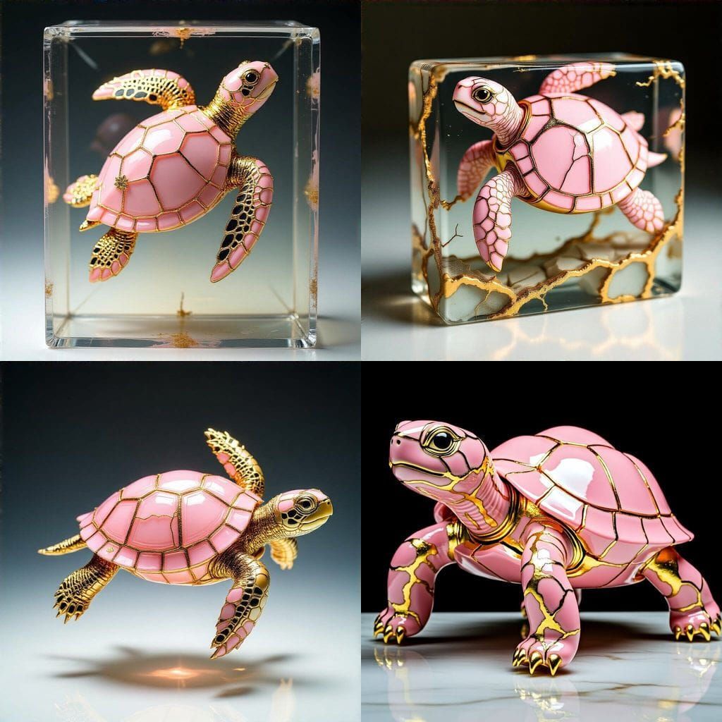Kintsugi Pink Turtle Repaired with Gold in Resin