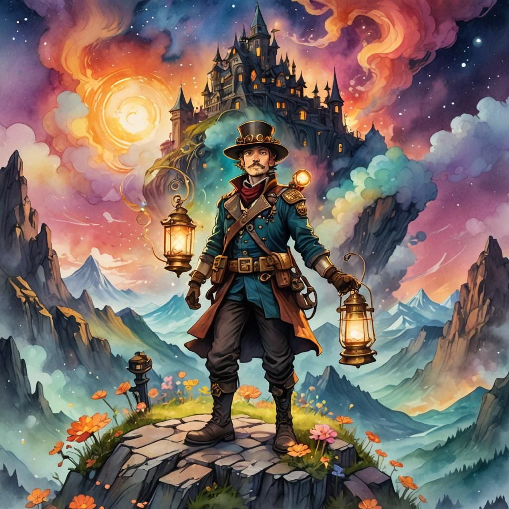 Steampunk Explorer on Mystical Mountain: Cartoon Concept Art