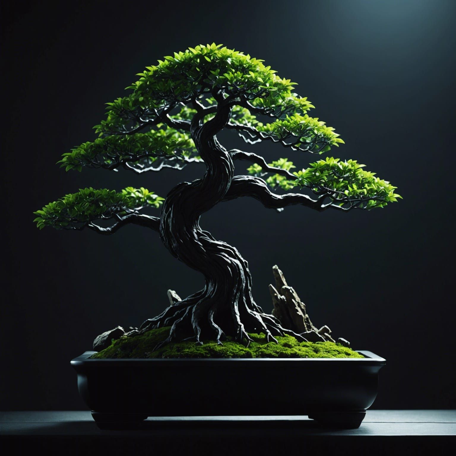 Noir Illuminated Bonsai Tree Close-Up