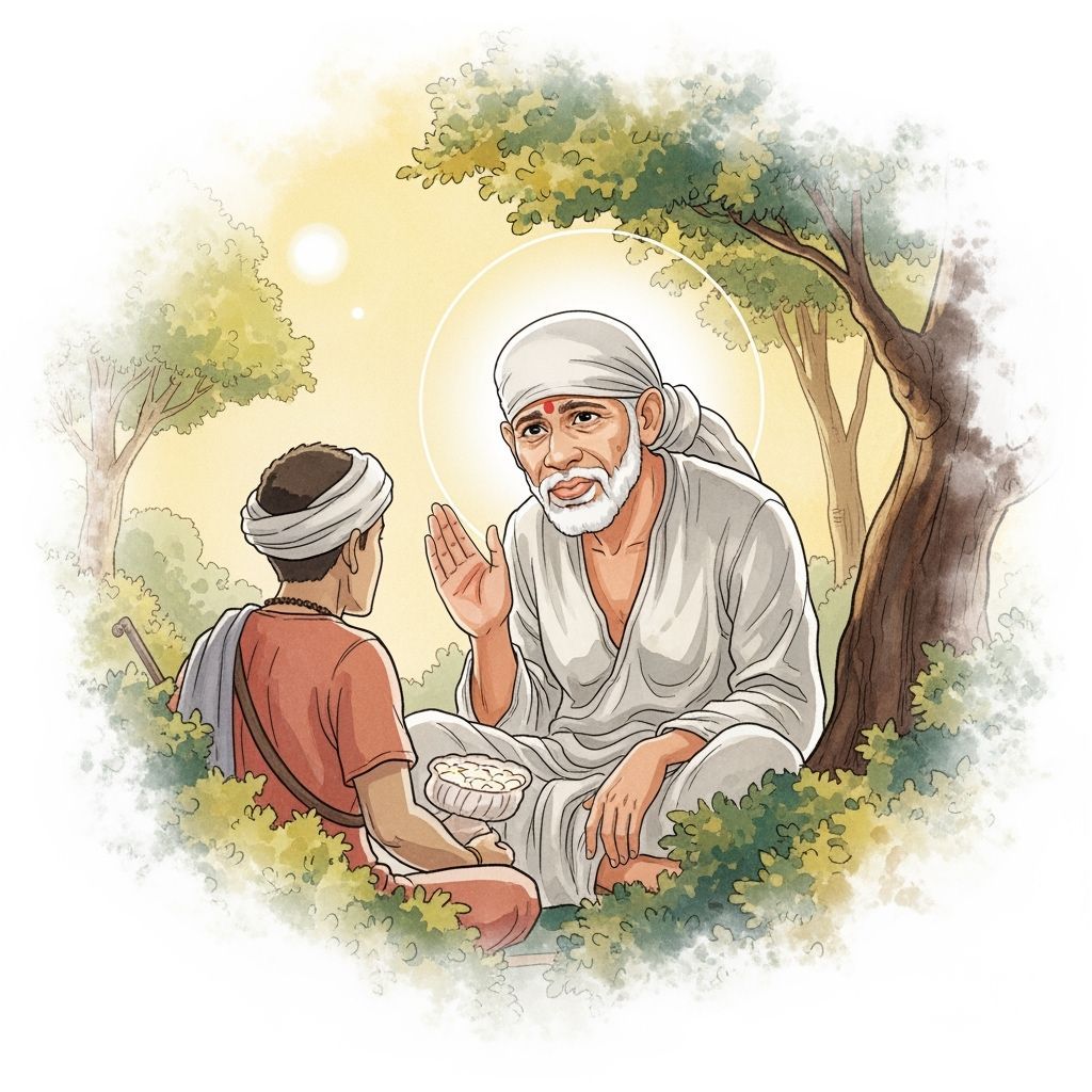 Sai Baba and Merchant in Serene Landscape