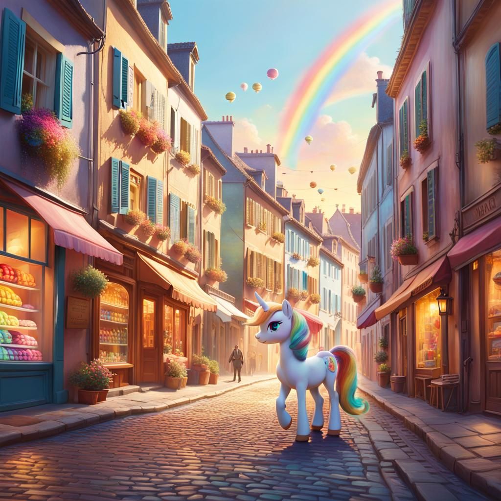 Rainbow Pony Walks Candy Street in Impressionistic Style