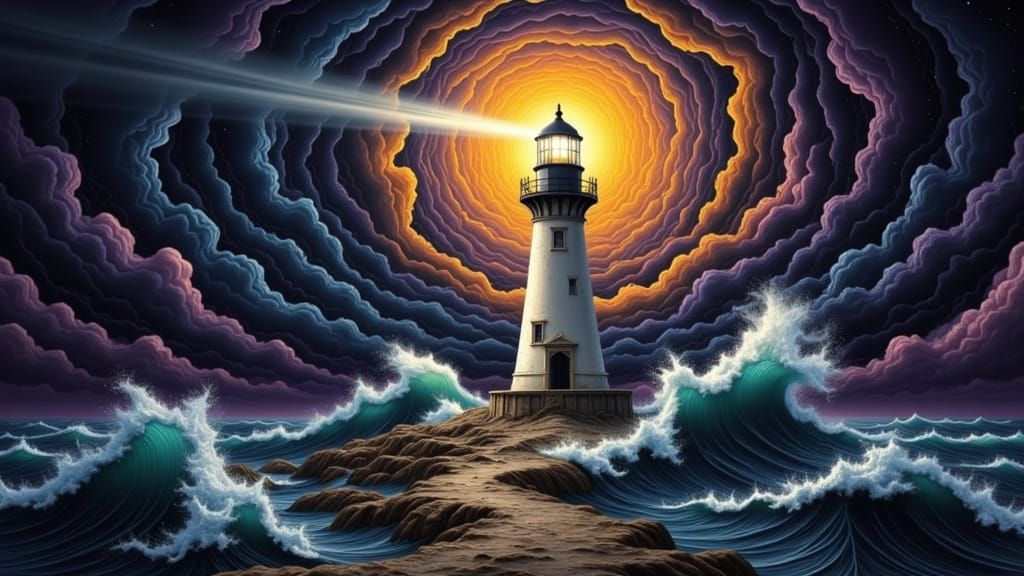 Weathered Lighthouse in Abstract Expressionist Storm