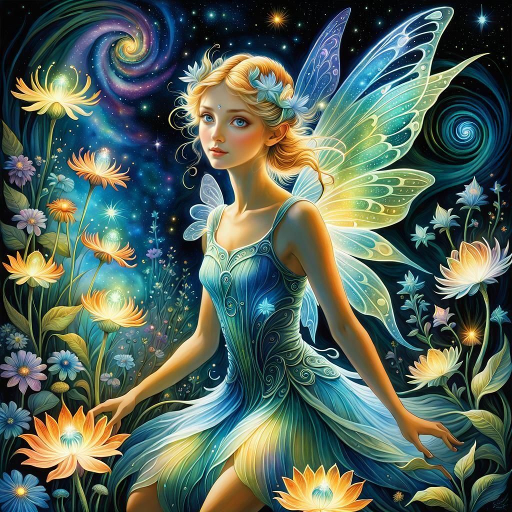 Bioluminescent Fairy Garden with Abstract Flowers