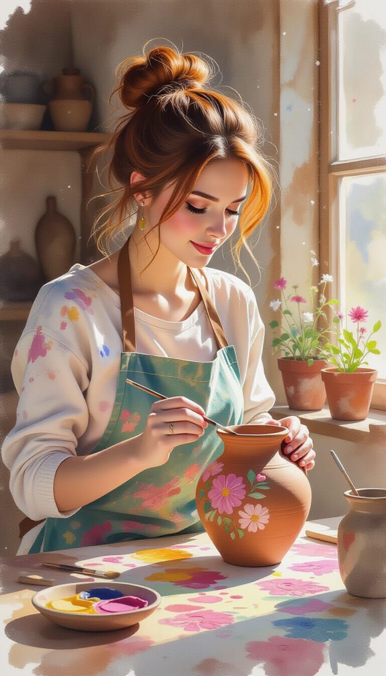 Artist Paints Flowers on Clay Pot in Watercolor Style