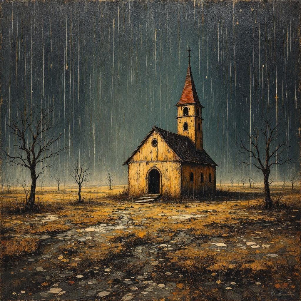 Rustic Church in Pouring Rain, L'Art Brut Style