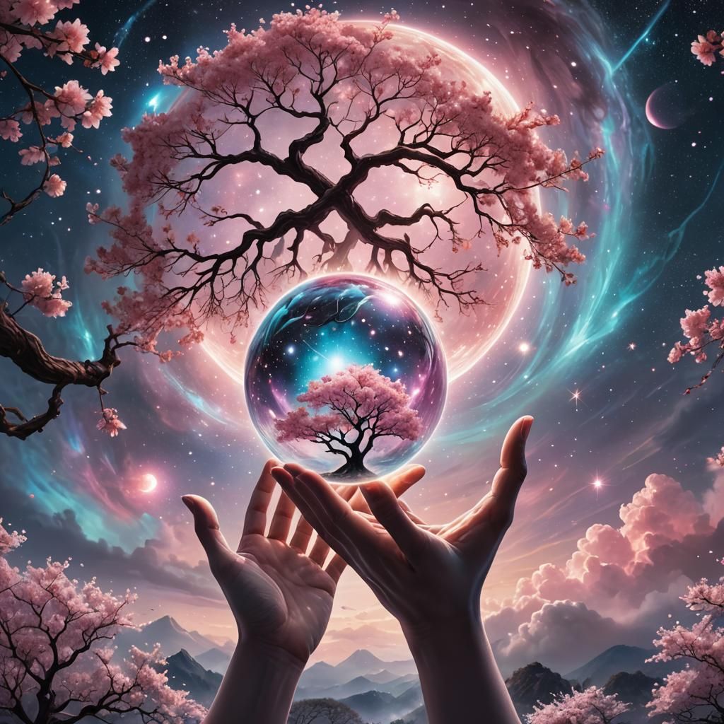 Cosmic Surrealism: Cherry Blossom Tree in Orb
