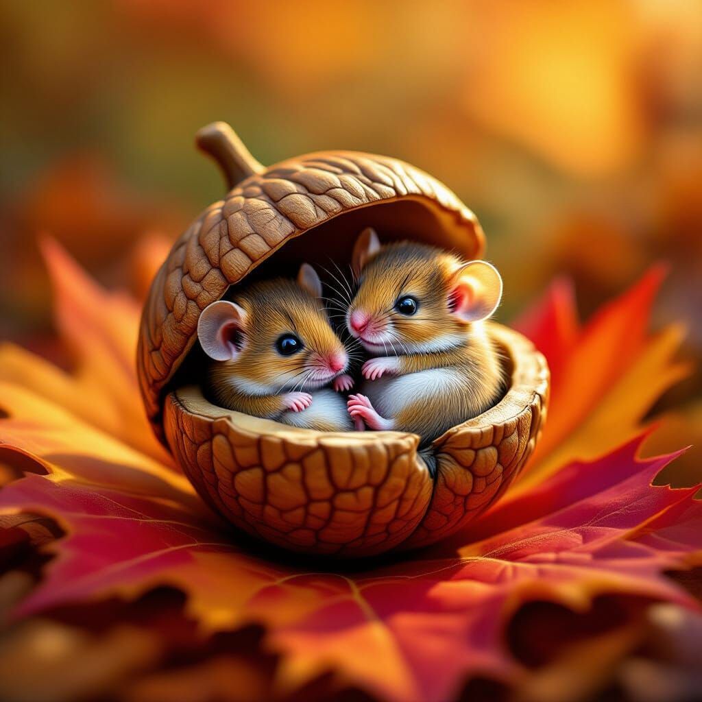 Tiny Mice in Acorn on Fall Leaf
