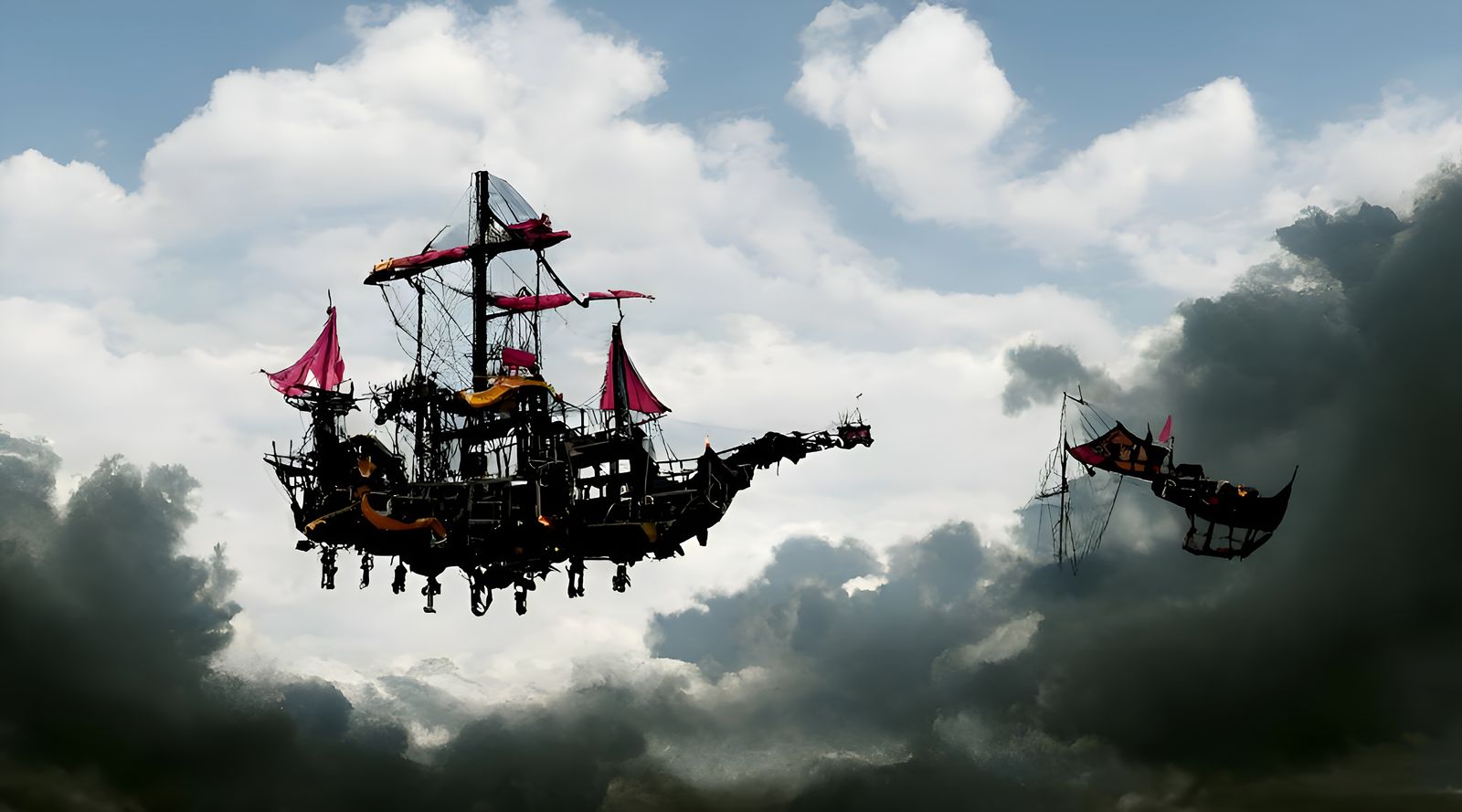 Whimsical Flying Pirate Ship in the Sky