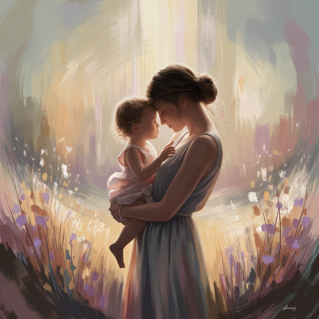 Mother and Child in Tender Surrealist Embrace